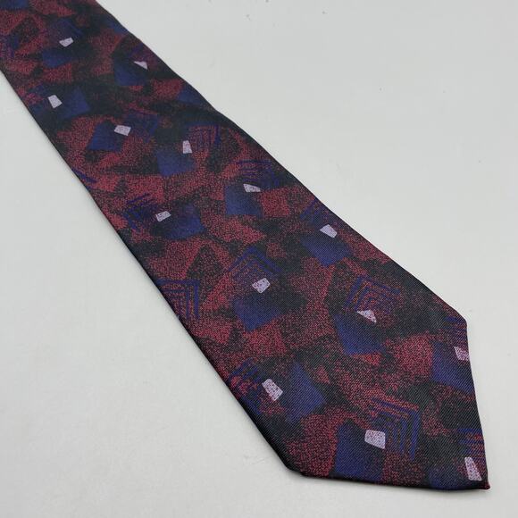 Vintage 80s 90s Halston Purple‎ Tie Geometric Pattern Necktie Muted Red Blue - Picture 1 of 5